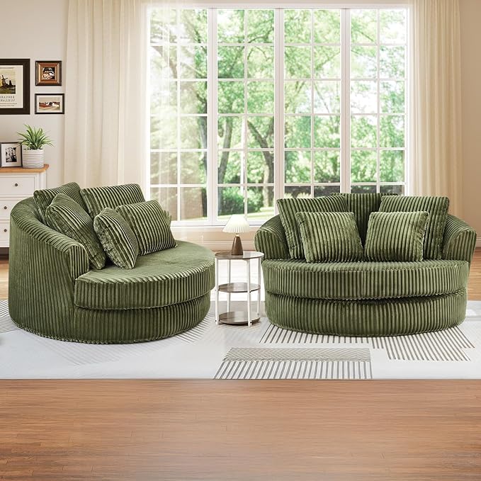 61-inch Boneless Round Chair Circle Corduroy Memory Foam Upholstered Chaise Lounge Indoor Comfy Reading Accent Deep Seat Sofa Chair for Living Room Bedroom Office No Assembly Required Green