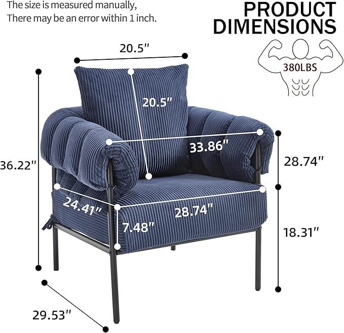 YISHENG Modern Velvet Accent Chair Upholstered Comfy Lounge Sofa Chair Fabric Oversize Lazy Arm Chair with Soft Cushion Metal Frame Reading Chair for Living Room BalconyBedroomBlue 1PC