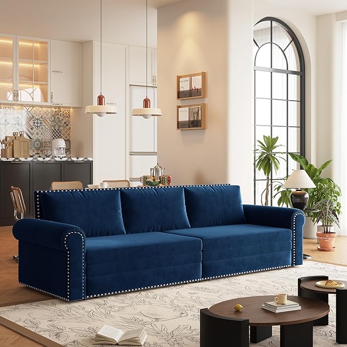 93.7 Chesterfield 3 Seater Pull Out Sofa Bed King Size with Pillows Velvet 3-in-1 Convertible Sleeper Couch with Nails Trim Space Saving for Living Room Blue