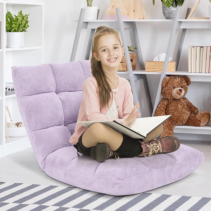 Giantex Floor Chair with Back Support 14 Adjustable Position Padded Sleeper Bed Couch Recliner Folding Gaming Floor Chairs for Adults Living Room Bedroom Yoga Meditation Light Purple