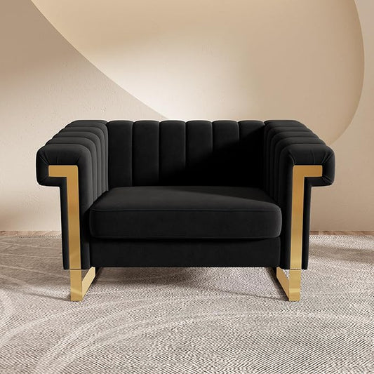 Mid-Century Modern Black Velvet Single Sofa with Gold Metal Legs 49 Luxury Chesterfield Comfy Black Sofa Chair for Living Room (Black-1 Seater)