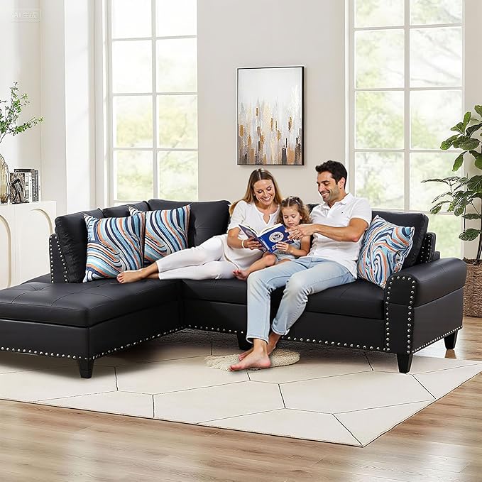 L Shape Sectional Couch with Chaise 97.5 Inch Modular Sofa with Cup Holders Sectional Couches for Living Room Ergonomic Reclined Backrest for Office and Small Apartment Black