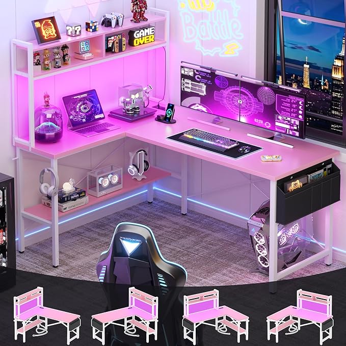 Aheaplus L Shaped Desk Gaming Desk 59 L Shaped Computer Desk with LED Light &amp Power Outlet Reversible Home Office Desk Gamer Desks with Shelves &amp Storage Bag &amp Hooks Corner PC Desk Pi