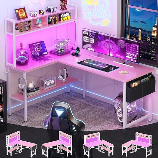 Aheaplus L Shaped Desk Gaming Desk 59 L Shaped Computer Desk with LED Light &amp Power Outlet Reversible Home Office Desk Gamer Desks with Shelves &amp Storage Bag &amp Hooks Corner PC Desk Pi