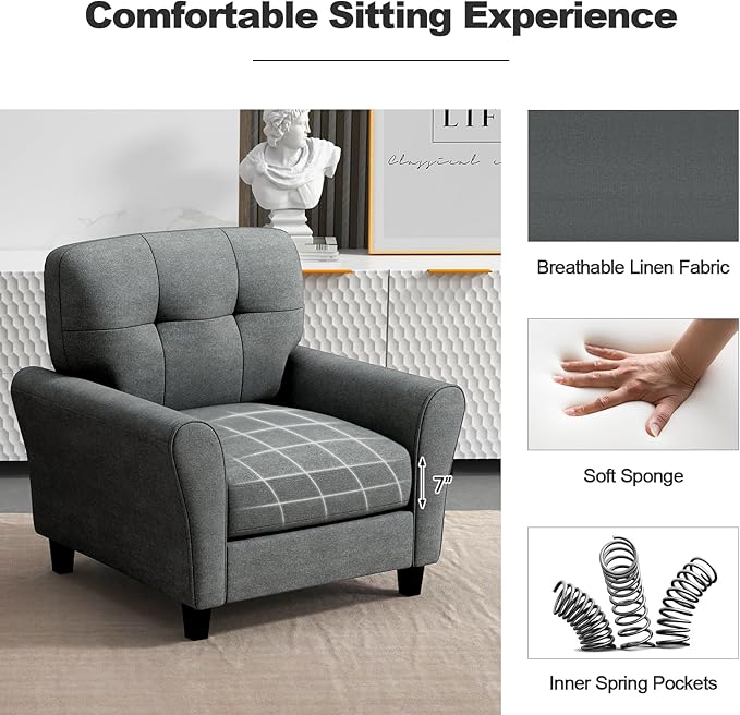 Giantex Modern Mid-Century Accent Chair Set of 2 - Linen Living Room Chair with Tufted Back 7 Thick Cushion Max Load 400 lbs Upholstered Armchair Club Chair for Bedroom Grey