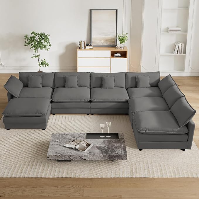 Cloud Couch Sectional Modular Sofa 150.4 Oversized U Shape Comfy Sectional Couches for Living Room 7 Seat Modern Chenille Deep Seat Cloud Sofa with Moveable Ottoman Grey