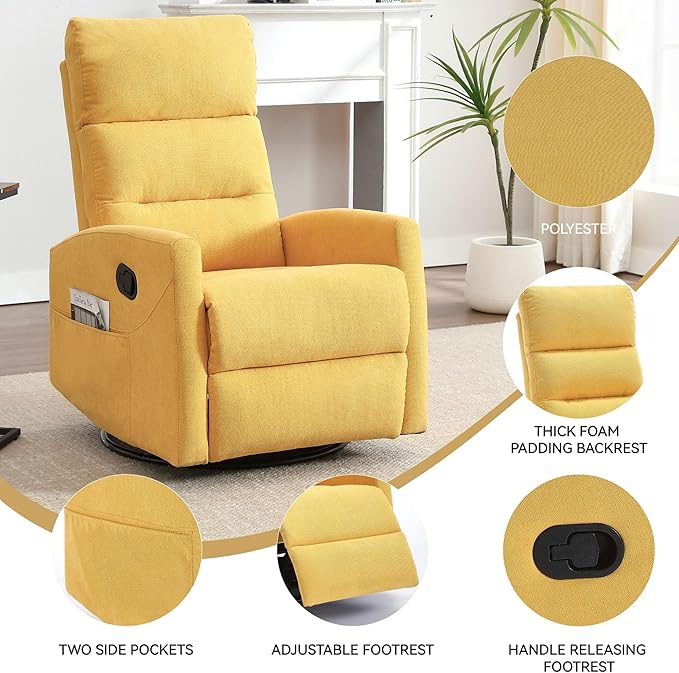Slim Swivel Rocking Chair Recliner with PocketsLazy Boy Recliners for for AdultsSmall Recliner Chair for Small Spaces Manual Reclining Chair for Living Room Bedroom Adjustable Backrest (Yellow)