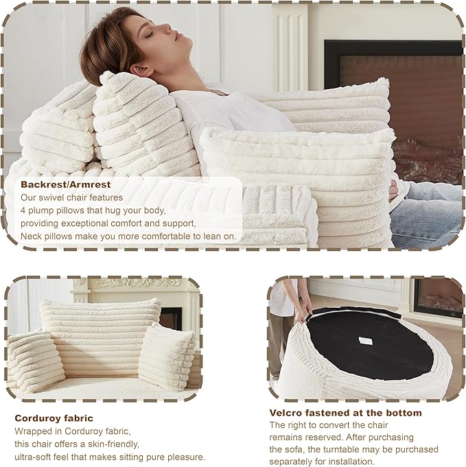 55 White Oversized Round Boneless Couch Sofa Corduroy Memory Foam Cloud Couches Lounge Chair Comfy Fluffy Single Sofa with 3 Pillows for Living Room Bedroom No Assembly Required (White)