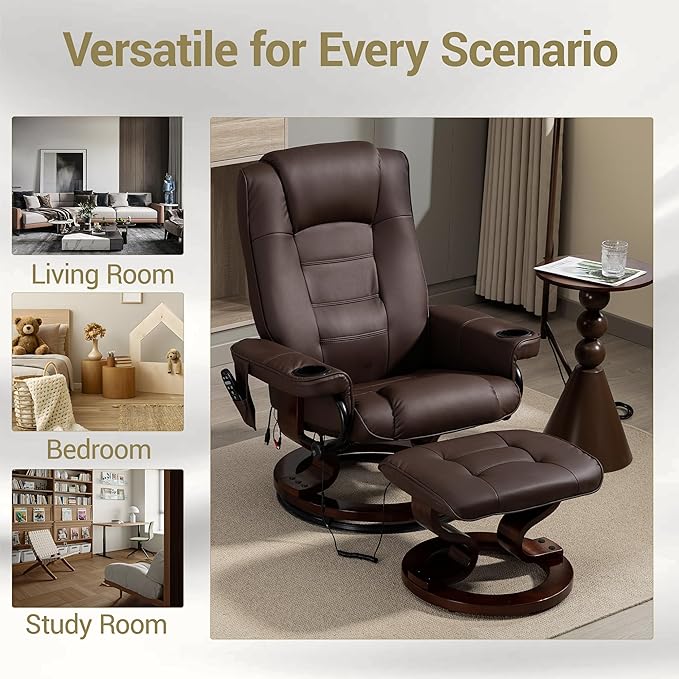 8-Point Massage Recliner with Heated PU Leather &amp Ottoman Sturdy Solid Wood Base Lounge Chair for Living Room and Bedroom Brown