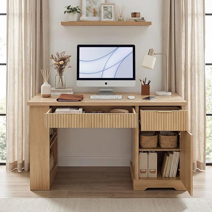 55 Fluted Office Desk with USB Charging Pegboard Organizer Convertible Keyboard Tray &amp Adjustable Storage Cabinet Modern Home Office Computer Desk