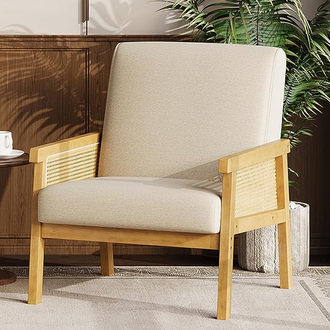 GAOMON Mid Century Linen Fabric Accent Chair Rattan Armchair with Wooden Armrest and Legs Modern Lounge Chair for Living Room/Bedroom/Reading Room/Waiting Room Beige