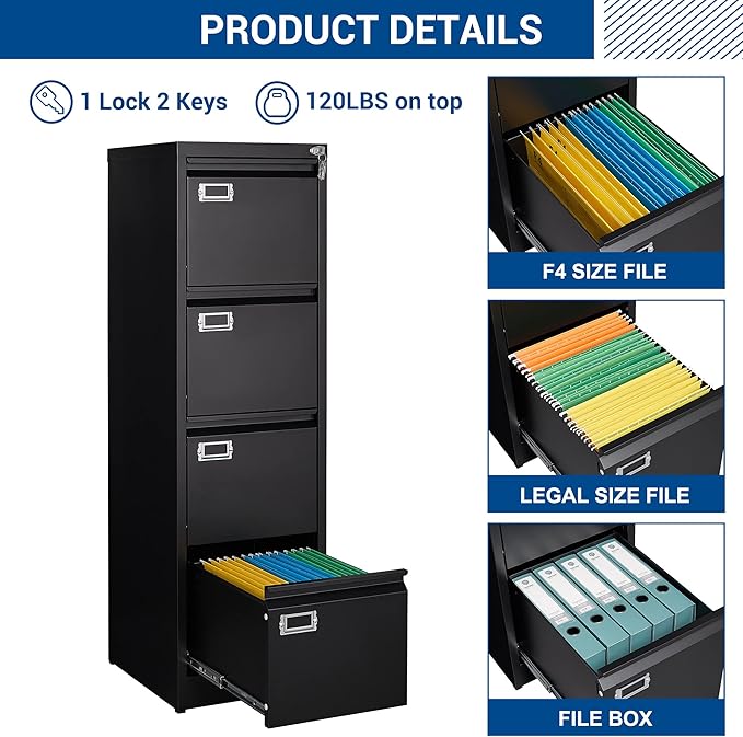 File Cabinet - 4 Drawers Vertical 17.8 Deep Lockable Filing Cabinet Black Metal Storage Cabinets for Home Office to Hanging Files Letter/Legal/F4/A4 Size