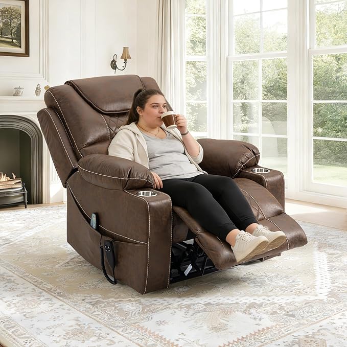 Oversized Power Lift Recliner Chair for Big and Tall 400 LBS 25 Large Electric Recliner Chair with Massage and Heating 180° Lay Flat Zero Gravity Recliner Sofa Leather Coffee Brown