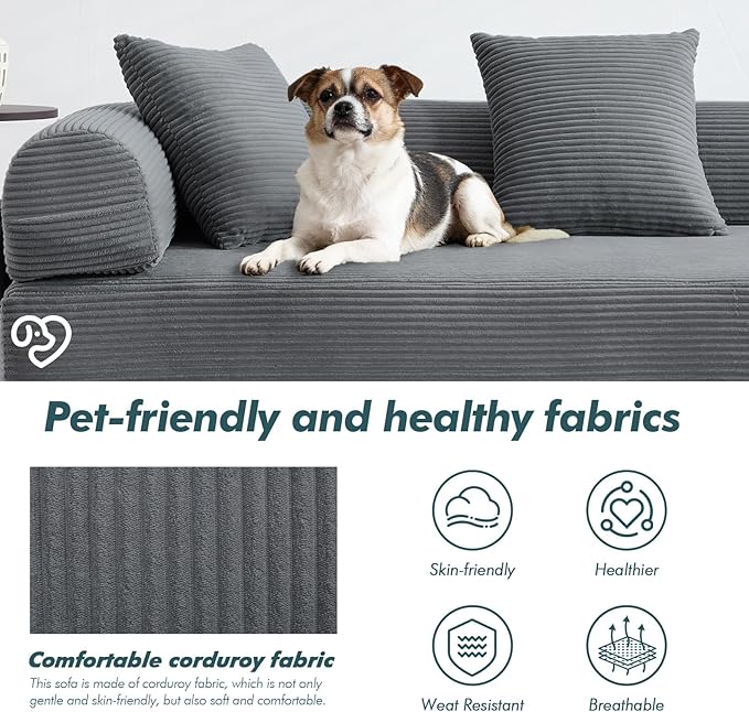 10-in-1 Folding Convertible Sofa Bed 141 Inch Boneless Couch with Fixed-Shape Frame Corduroy Modular Sectional Sofa Mattress Sleeper Sofa Floor Sofa Futon Couch for Living Room (Grey)