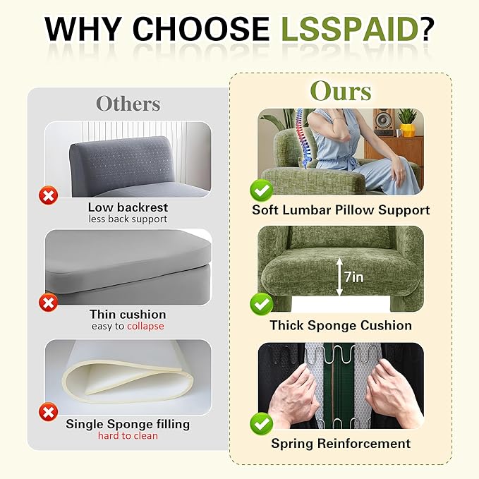 LSSPAID Modern Accent Chairs Chenille Fabric Armchairs for Living Room Comfy Upholstered Leisure Single Sofa Chair with Lumbar Pillow for Bedroom Balcony Office (Green Set of 1)