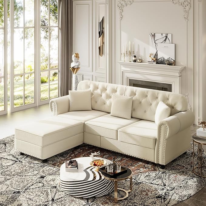3 Pieces Chesterfield Sofa Set with Ottoman 2 &amp 3 Seater Comfy Tufted Velvet Couch with Rolled Arms &amp 5 Pillows Mid Century Modern Couch and Loveseat Vintage Living Room Sets Furniture (Bei