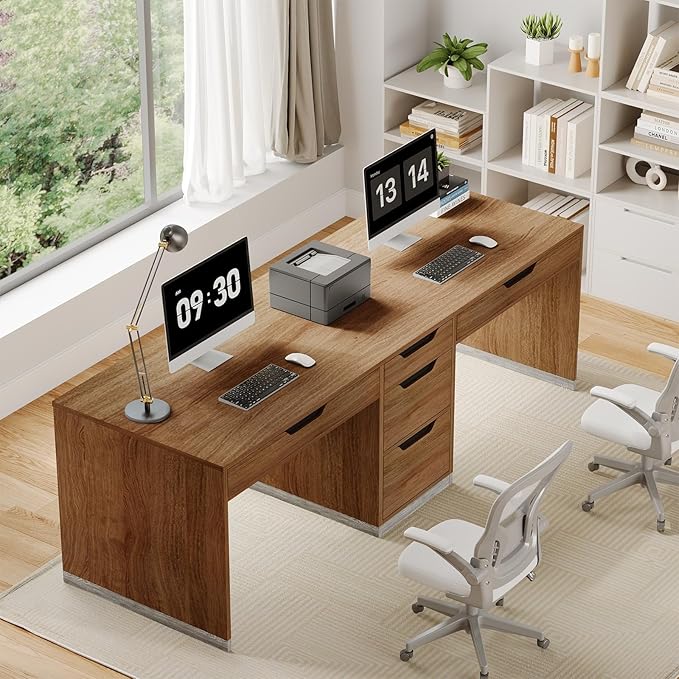 Two Person Desk with 5 Drawers Double Desk with Storage for 2 People 78 Inch Extra Long Computer Desk Workstation with File Drawer for Home Office Brown