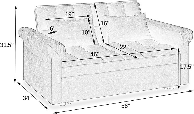 Modern Loveseat Sleeper Sofa with Pull-Out Bed &amp Adjustable Backrest Convertible Sofa Bed with Strong Wood Frame for Small Space Living Room Guest Room Easy Assembly (Black85)