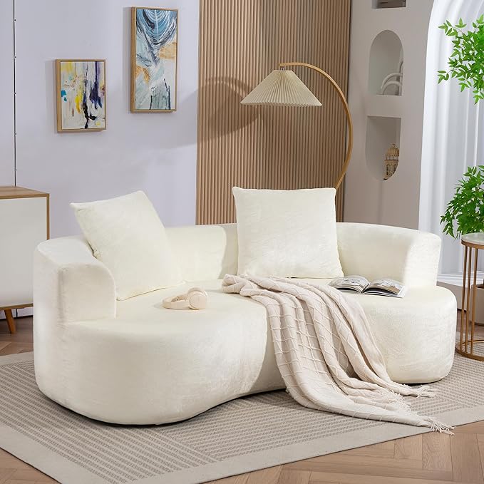 80 Boneless Loveseat Curved Cloud Sofa Couch Memory Foam Couch in a Box with 2 Pillows U-Sheaped Sofa for Living Room Bedroom Comfy Compressed Sofa No Assembly Required (White)