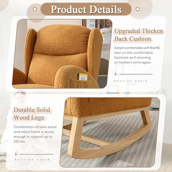 Rocking Glider Chair for Nursery Wingback Teddy Accent Rocker Chair Upholstered Tall Back Arm Chair w/Side Pockets Modern Leisure Single Sofa for Living Room Hotel Bedroom Baby Room Khaki