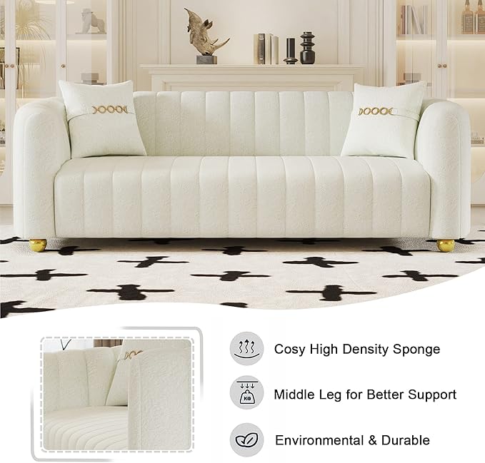 Lambswool Sofa for Living Room 84 Mid-Century Modern Beige Couch Luxury Loveseat Sofa Couch Sectional Love seat Sofa Couch with Gold Legs Upholstered Sofa for Apartment Bedroom Home Office