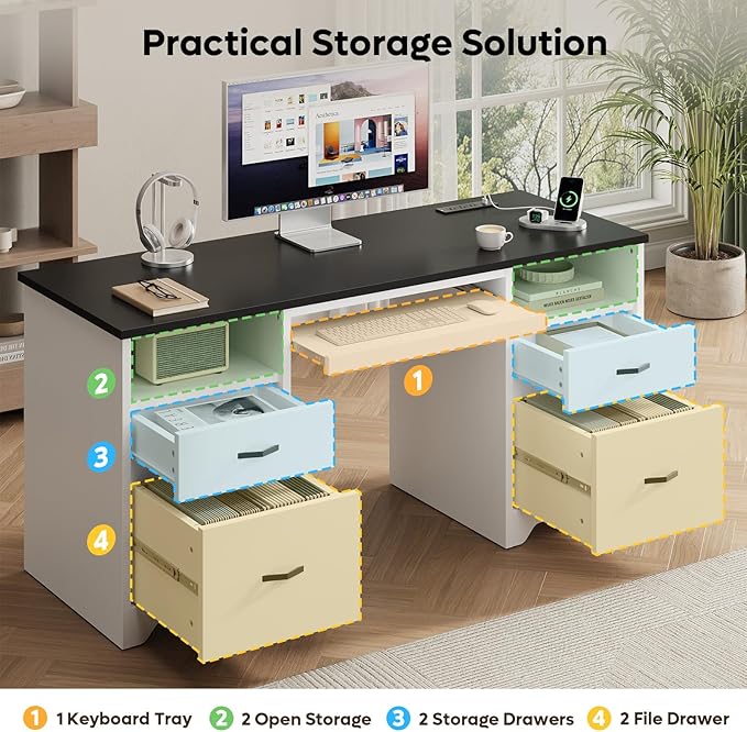Bestier 59” Computer Desk with 4 Drawers Office Desk with Storage Modern Executive Desk with Charging Station Keyboard Tray &amp Wooden Pedestals on Both Sides for Home Office &amp Studio White