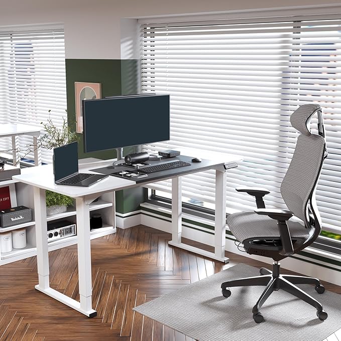 SANODESK 4-Leg Standing Desk Electric Height Adjustable Desk with Memory Presets for Home Office Stand up Desk Computer Workstation 63x28 Inches White