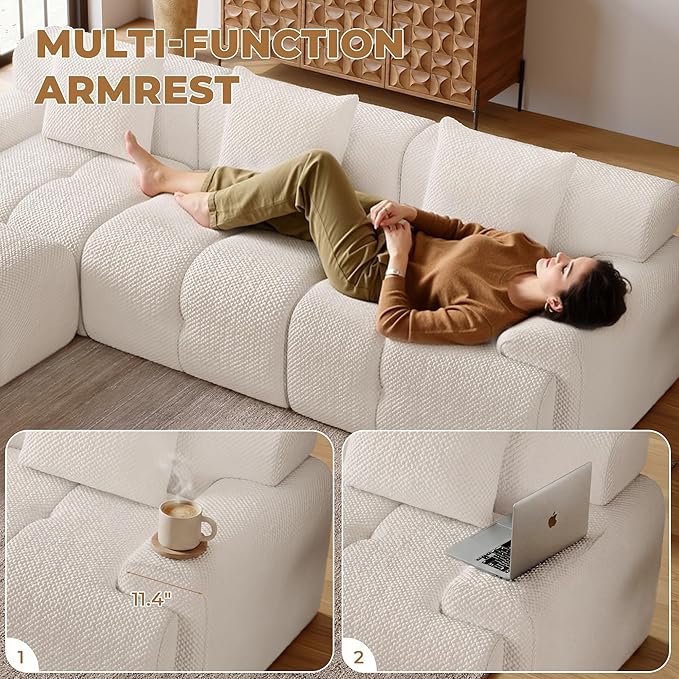 135 Modern L Shaped Modular Sectional Sofa 6 Seater Convertible Chenille Cloud Couch Sofa Set Boneless Couches for Living Room with Ottoman No Assembly Required White