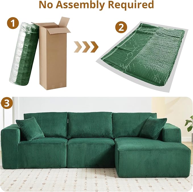 Sectional Cloud Boneless Couch 108 Modern Comfy L-Shape No Assembly Required Convertible Compression Sleeper Modular Sofa with Corduroy Fabric Deep Seat Loveseat + Chaise for Living Room