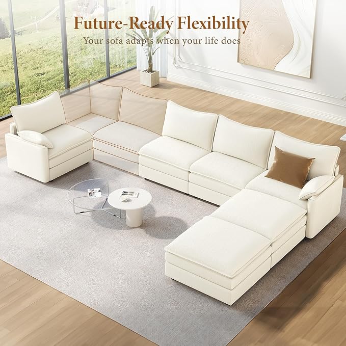 Vesgantti 142 U Shaped Sectional Couch Comfy Cloud Modular Sectional Sofa with 2 Ottoman Deep Seat Chenille Modern Cloud Sofa Modular Sofas for Living Room Bedroom and Apartment Snow White