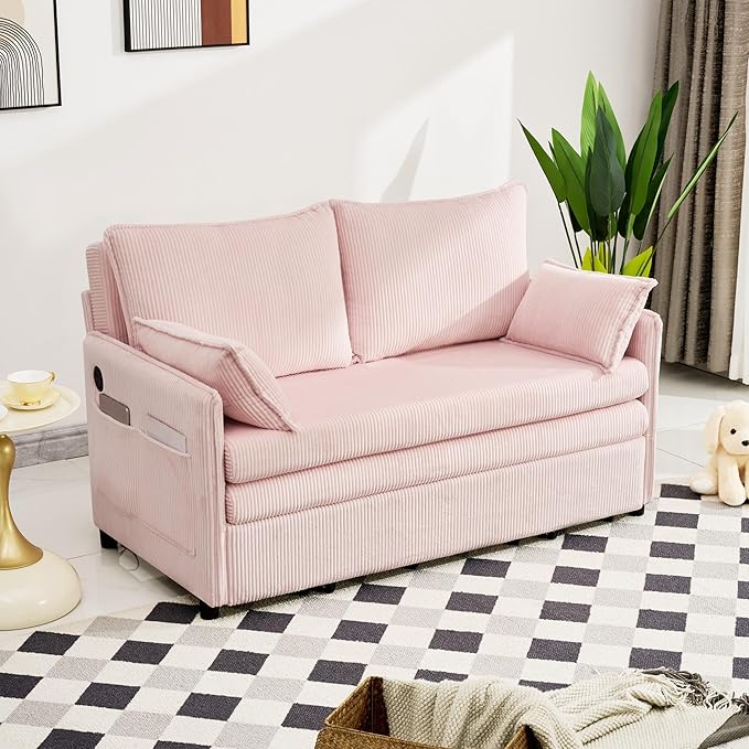 GDFStudio 55 Convertible Sofa Bed 3-in-1 Sofa Bed Couch with Pull Out Design Corduroy Sleeper Sofas with USB Ports &amp Side Pocket Modern Loveseat Sleeper for Living Room Bedroom Small Space Pi
