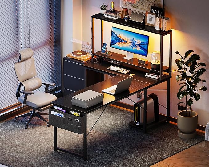 AODK L Shaped Desk Gaming Desk with LED Light &amp Power Outlet 61 Inch Reversible L Shaped Computer Table with Shelf &amp Storage Bag &amp Hook for Home Office Black