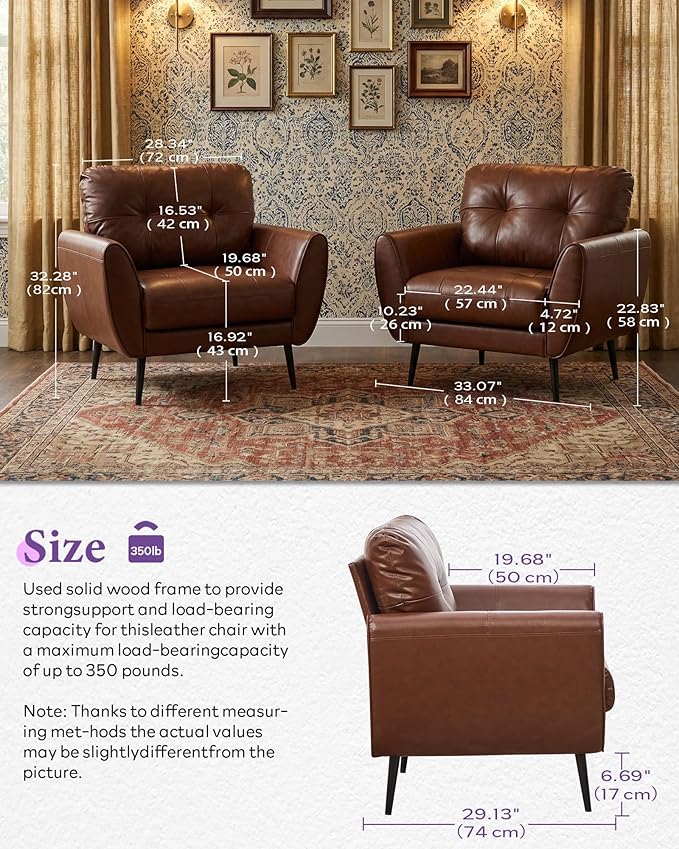 TYBOATLE Accent Chairs Set of 2 Comfy Modern Living Room Brown Leather Reading Accent Chairs Tufted Mid Century Arm Chair Small Salon Chair for Office Bedroom (2 Brown)