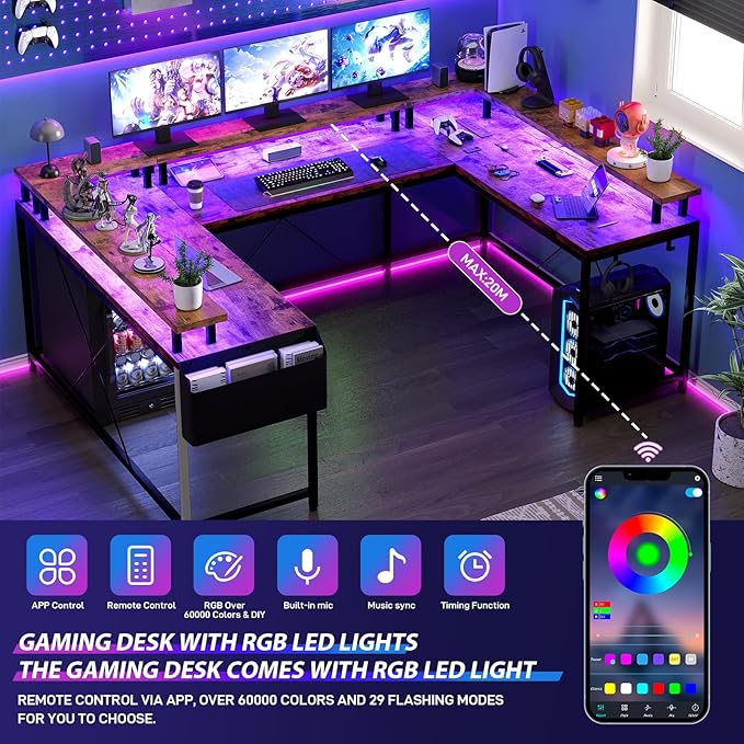 GAOMON U Shaped Desk 126 Inch Gaming Desk with Monitor Stand and LED Lights Reversible Shaped Large Computer Desk with Power Outlets Office Desk with Storage Bag and Hooks Vintage