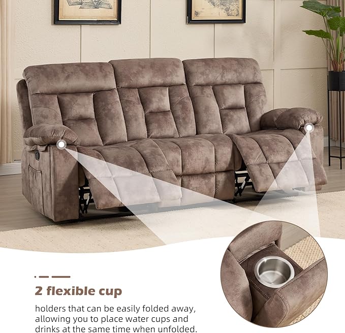 CANMOV 3 Seat Manual Recliner Sofa Modern Reclining Sofa with Overstuffed Armrest Hidden Cup Holders for Living Room Camel-Brown