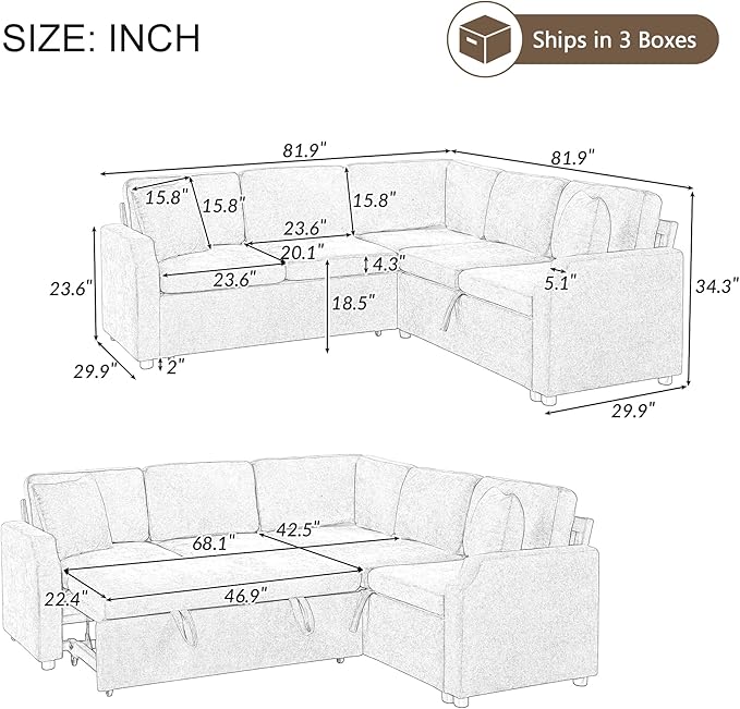 81.9 Sectional Sofa Bed L-Shaped Sectional with a Hidden Storage Compartment Versatile Pull-Out Sofa Bed with Cozy Throw Pillows for Living Room Apartments Offices (Orange-04e)