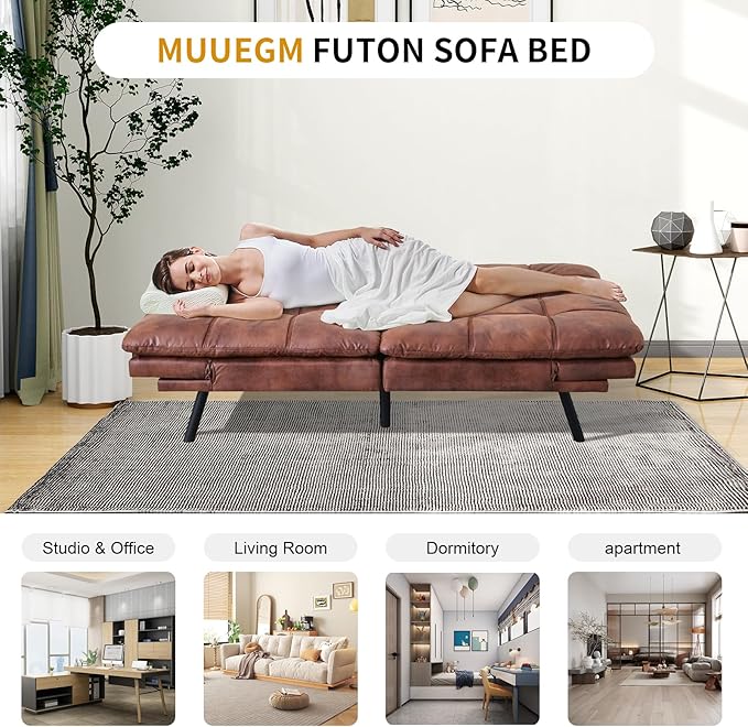 MUUEGM Faux Leather Futon Bed Convertible Memory Foam Sofa Bed Modern Love Seat for Living RoomCompact SpaceApartmentOfficeAdjustable Backrests Armrests Couch Sleeper71 Sofas Brown
