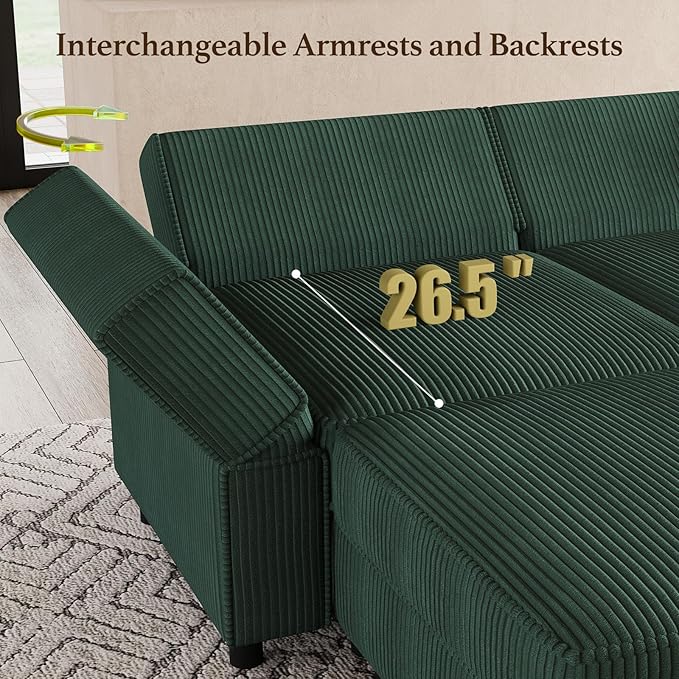 114.2 U-Shaped 6-Seater Convertible Sectional Sofa Corduroy Modular Sleeper with Deep Storage Seat &amp Movable Ottoman Green