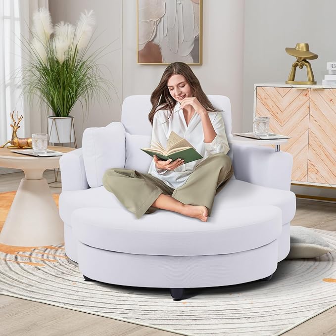 51'' Accent Swivel Barrel Chair with Storage Ottoman Modern Oversize Round Swivel Leisure Armchair for Living Room Hotel Club Lounge White