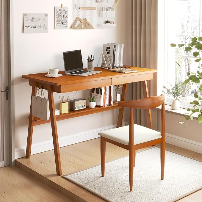 100% Solid Wood Writing Desk - 47.2 Mid Century Modern Desk Home Office Desks with 2 Drawers and Storage Shelf Small Computer Desks Study Makeup Workstation for Bedroom/Living Room Walnut