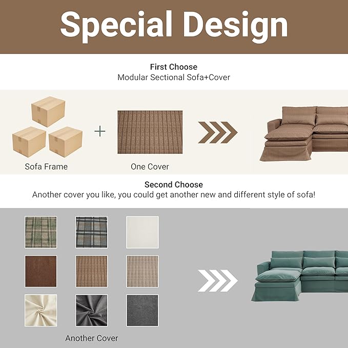 122″ Oversized Modular Sectional Sofa with Movable Ottoman 6-Seat Deep Seat Sofa with Individual Sofa Covers U Shaped Couch for Living Room Bedroom Apartment Fabric Brown Plaid