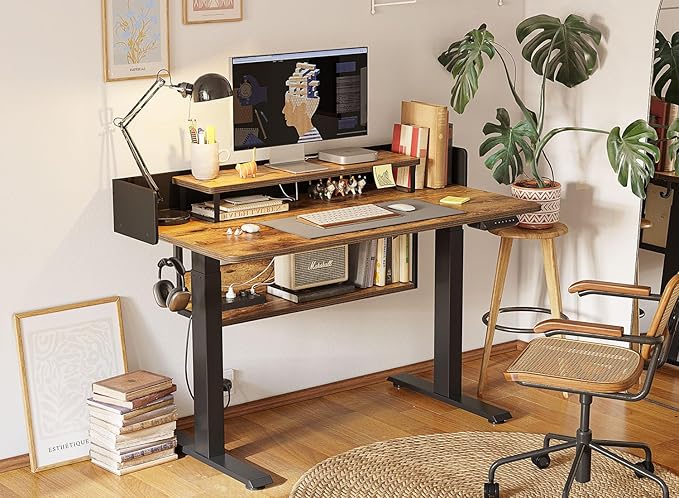 CubiCubi 55 Electric Standing Desk with Under Desk Shelves Sit Stand Rising Computer Desk with Monitor Shelf Home Office Desks with Hooks Adjustable Height Stand Up Workstation Table Rustic Brown
