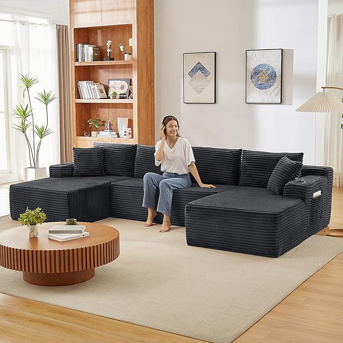 134 Inch U-Shaped Sectional Couch Oversized Modular Corduroy Sofa with 2 Chasies 4-Seater Modern Deep Seat Boneless Cloud Couch for Living Room No Assembly Required Dark Gray