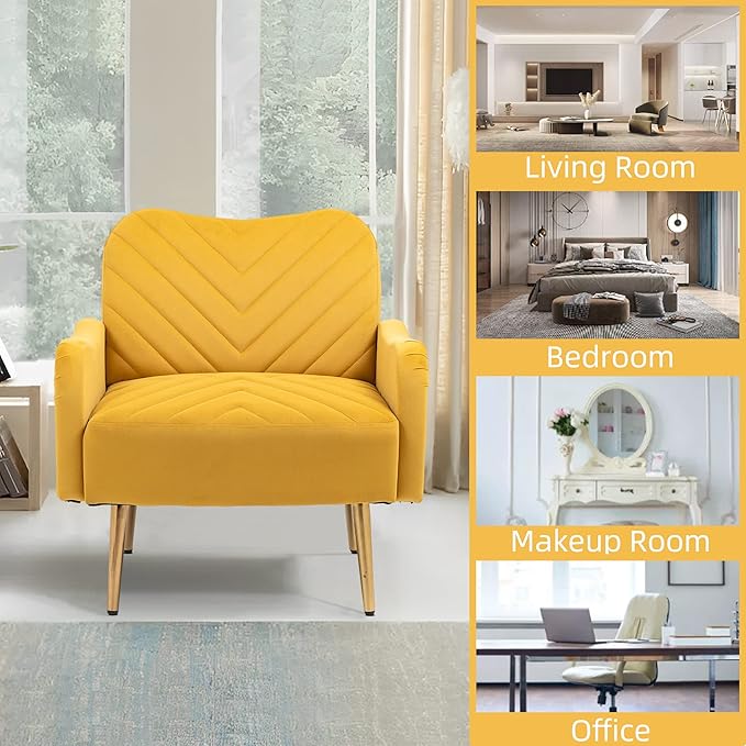 Velvet Accent Chair Comfy Upholstered Living Room Arm Chair Single Reading Sofa Chairs for Bedroom Office Small Spaces Waiting Room Furniture (Mustard Chair)