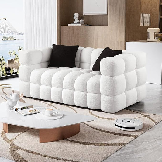 Boucle Sofa Couch 62.2 Comfy Upholstered Sherpa Loveseat Cozy Tufted 2-Seater Cloud Deep Seat Couch Small Modern Love Seat with 2 Pillows for Living Room Apartment Bedroom White