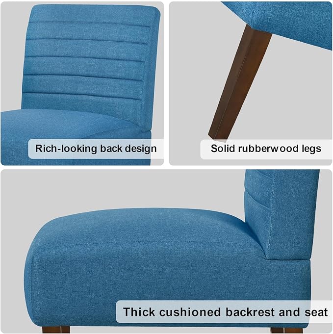 Slipper Accent Chair Modern Armless Lounge Chair with Wood Legs Upholstered Makeup Vanity Tufted Side Chair Fabric Comfy with Decor Back for Living Room Bedroom Patio (Horizontal Back Blue)