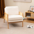 Giantex Mid Century Modern Accent Chair Boho Boucle Living Room Arm Chair w/Rattan Arms Wooden Frame Thick Cushion Pillow Sherpa Reading Side Chair for Bedroom Balcony Natural+Beige