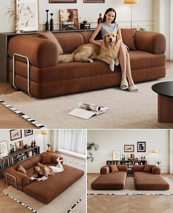 79 Inch Convertible Sleeper Sofa Bed with Cylindrical PillowOversized Corduroy Upholstered Boneless CouchLove Seat Floor Sofas Living RoomApartmentOffice-Brown