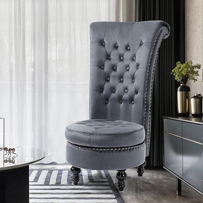 AVAWING High Back Throne Chair Velvet Royal Accent Chair Button-Tufted Armless Gothic Chair w/Storage Nailhead Trim Design &amp Rubber Wood Legs for Living Room &amp Bedroom Grey