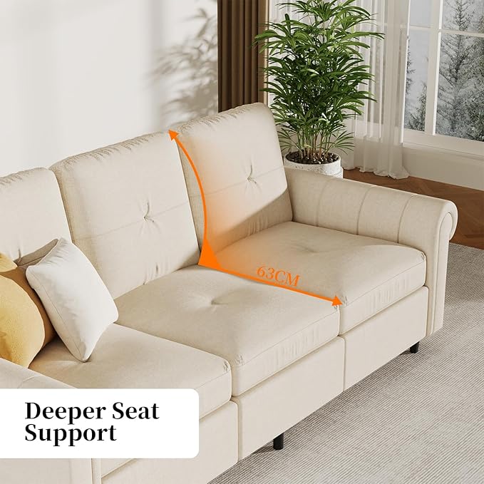 81.1 Modern Fabric Sofa Couch 3-Seater Beige Upholstered Sofa with Rolled Arms and Stitch-Tufted Cushions Comfortable Living Room Furniture for Home or Apartment